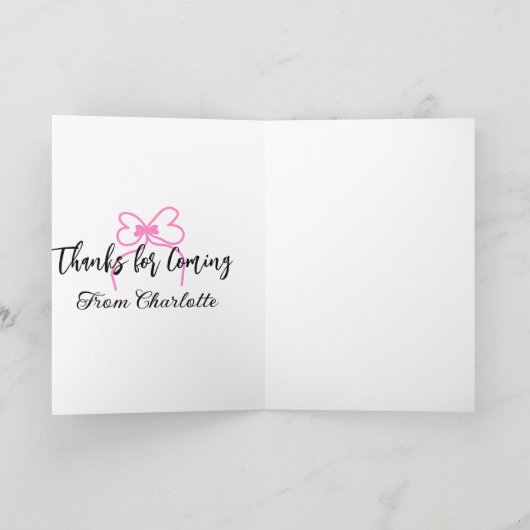 thanks for coming add name text message pink bow f カード (内部)