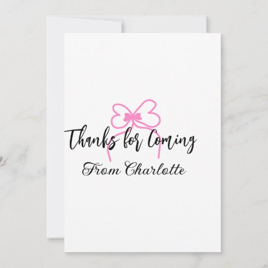 thanks for coming add name text message pink bow f サンキューカード (裏面)