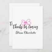 thanks for coming add name text message pink bow f サンキューカード (正面/裏面)