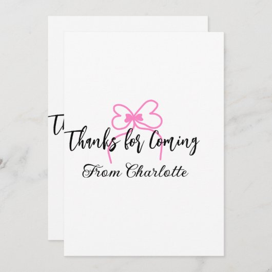 thanks for coming add name text message pink bow f サンキューカード (正面/裏面)