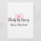thanks for coming add name text message pink bow f 招待状 (正面)