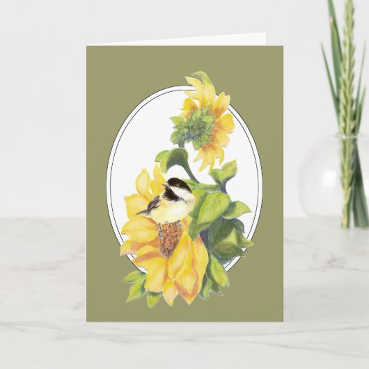 Thanks Greeting Watercolor Chickadee and Sunflower サンキューカード (正面)
