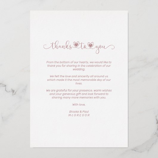 Thanks Wedding Rose Gold Heart Whimsical Script 箔招待状 (裏面)