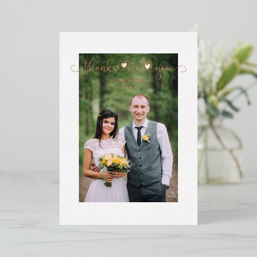 Thanks Wedding Rose Gold Heart Whimsical Script 箔招待状 (立ち正面)