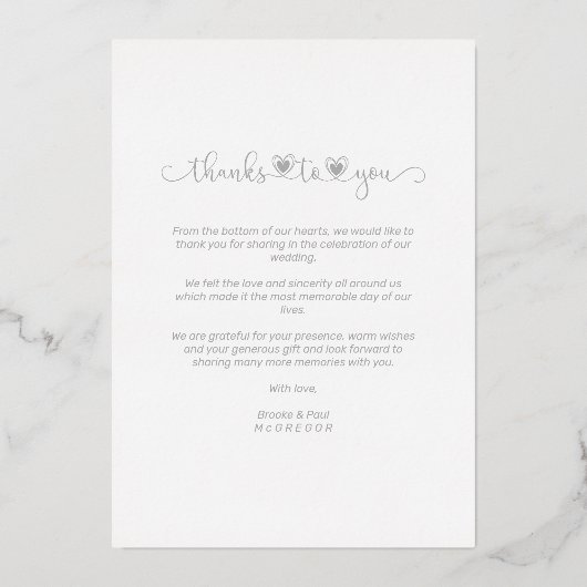 Thanks Wedding Silver Heart Whimsical Script 箔招待状 (裏面)