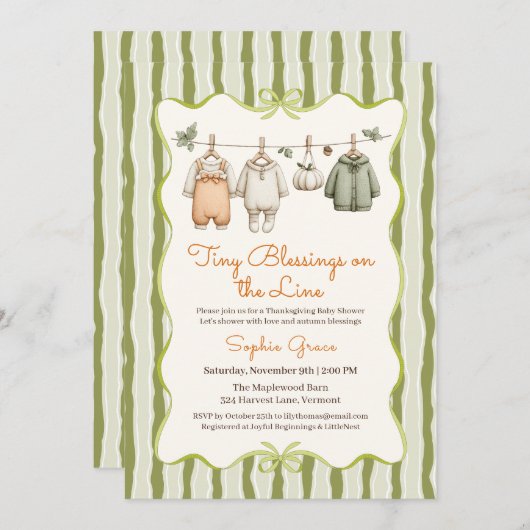 Thanksgiving Baby Shower Girl | Cozy Clothesline 招待状 (正面/裏面)