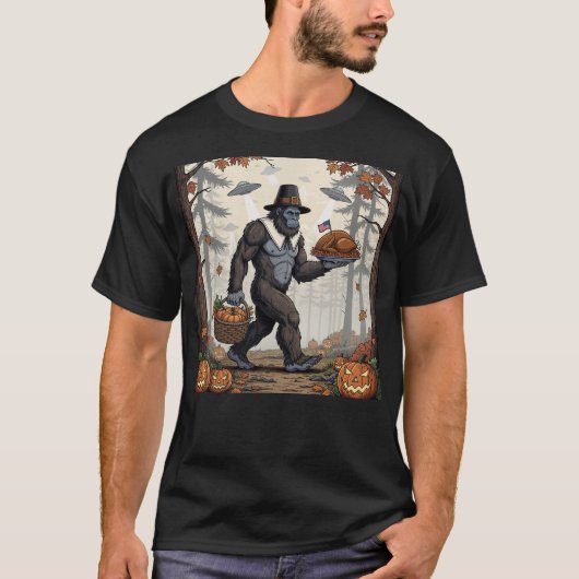 Thanksgiving Bigfoot UFO Funny Sasquatch Turkey Tシャツ (正面)