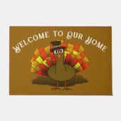 Thanksgiving Cartoon Turkey Pilgrim ドアマット (正面)