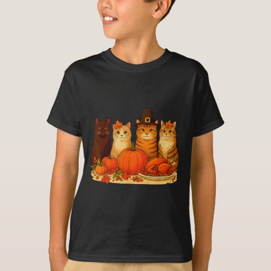 Thanksgiving Cats Dinner Pumpkin Autumn Men Women  Tシャツ (正面)