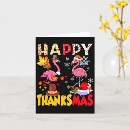 Thanksgiving Christmas Flamingo Happy Thanksmas Xm カード (黄色い花)