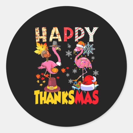 Thanksgiving Christmas Flamingo Happy Thanksmas Xm ラウンドシール (正面)