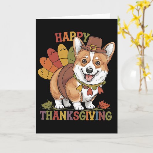 Thanksgiving Corgi Dog Turkey  カード (黄色い花)