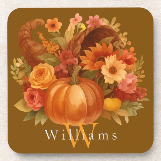 Thanksgiving Cornucopia Monogram コースター (正面)