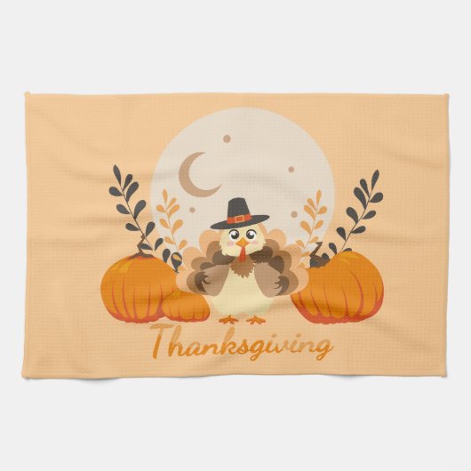 Thanksgiving Cute Orange Turkey Pumpkin  キッチンタオル (横)