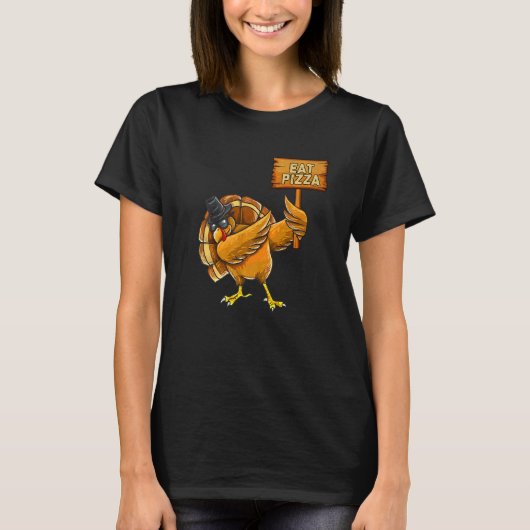 Thanksgiving Dabbing Turkey Eat Pizza Adult Vegan Tシャツ (正面)