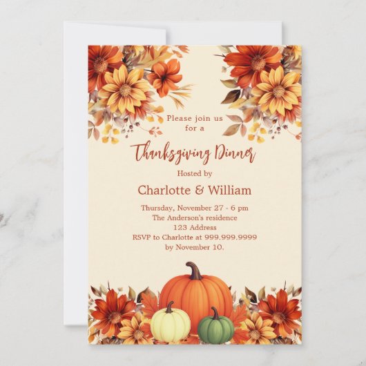 Thanksgiving dinner orange flowers pumpkin 招待状 (正面)