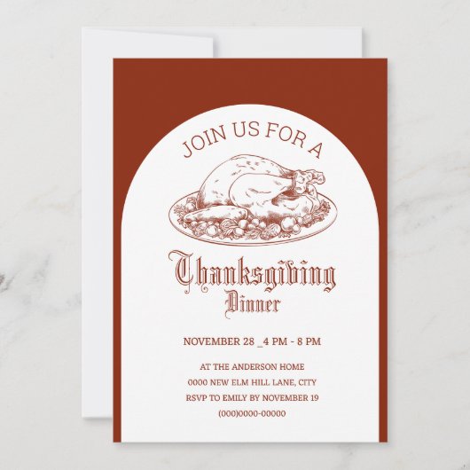 Thanksgiving Dinner party white& brown minimal  招待状 (正面)