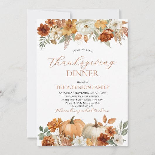 Thanksgiving Dinner Pumpkin Fall Leaves  招待状 (正面)