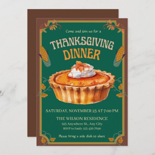 Thanksgiving Dinner Pumpkin pie Brown  招待状 (正面/裏面)
