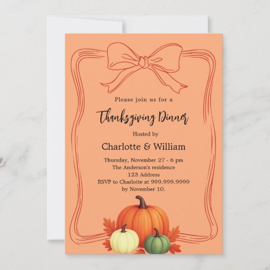 Thanksgiving dinner pumpkins bow atomic tangerine 招待状 (正面)
