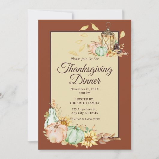 Thanksgiving Dinner Rustic Watercolor Invitation 招待状 (正面)