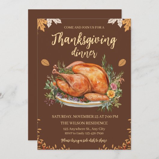 Thanksgiving Dinner Turkey Pumpkins Brown 招待状 (正面/裏面)