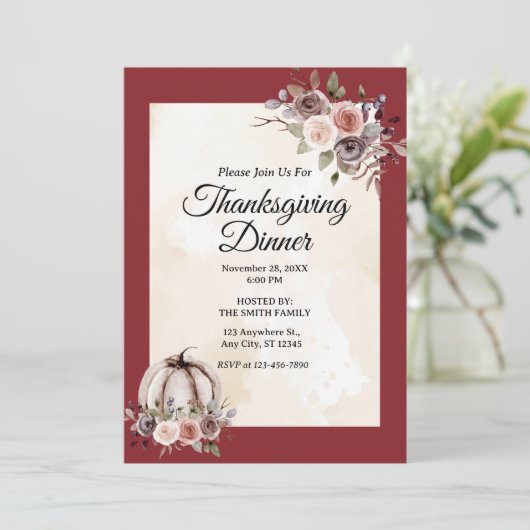 Thanksgiving Dinner Watercolor Burgundy Roses 招待状 (スタンド正面)