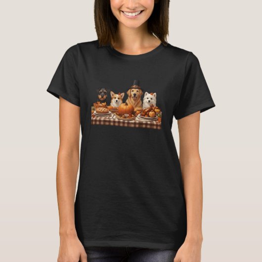 Thanksgiving Dogs Dinner Feast Vintage Autumn Fall Tシャツ (正面)