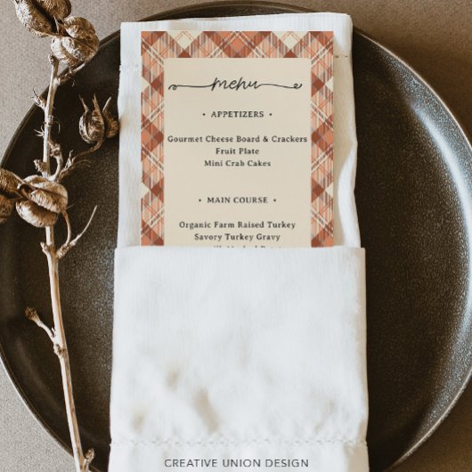 Thanksgiving Double Sided Menu & Place Card Plaid メニュー