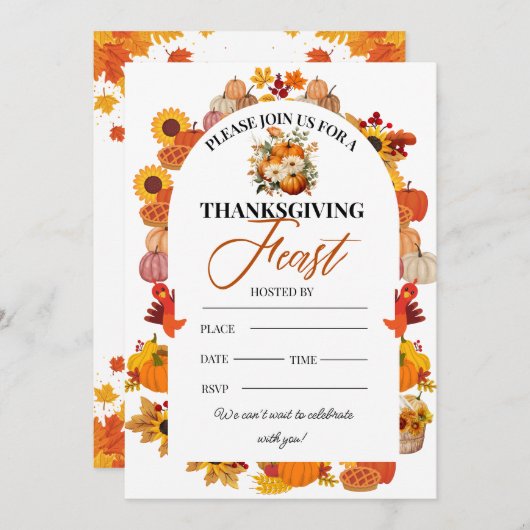 Thanksgiving Feast Invitation Autumn Floral 招待状 (正面/裏面)