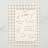 Thanksgiving Gingham Tan Neutral Aesthetic 招待状 (正面/裏面)