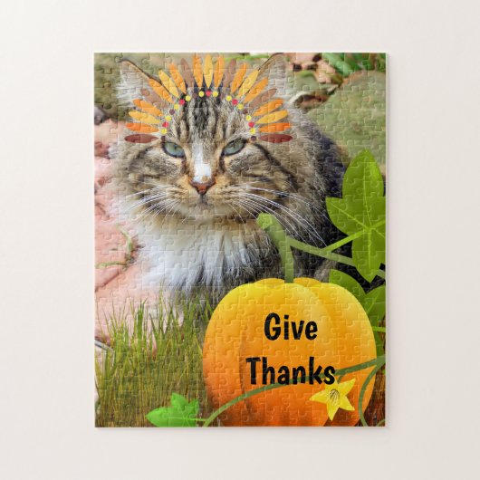 Thanksgiving "Give Thanks" Cute Cat and Pumpkin   ジグソーパズル (縦)