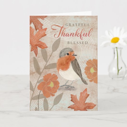 Thanksgiving Grateful Thankful Blessed Robin  カード (小さな植物)