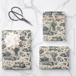 Thanksgiving Indigo Blue Harvest Toile ラッピングペーパーシート