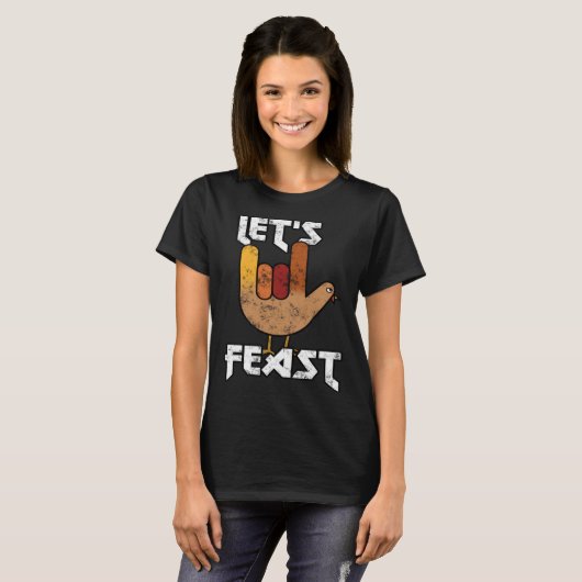 Thanksgiving Let s Feast Turkey Rock & Roll Tシャツ (正面フル)
