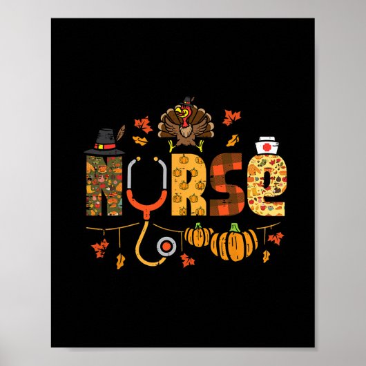 Thanksgiving Nurse Stethoscope Fall Scrub Top Er M ポスター (正面)