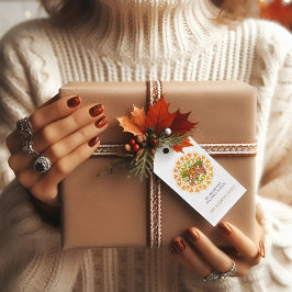 Thanksgiving Orange Bohemian Mandala Autumn Leaves ギフトタグ