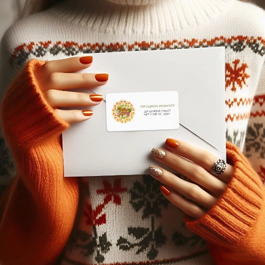 Thanksgiving Orange Bohemian Mandala Autumn Leaves ラベル