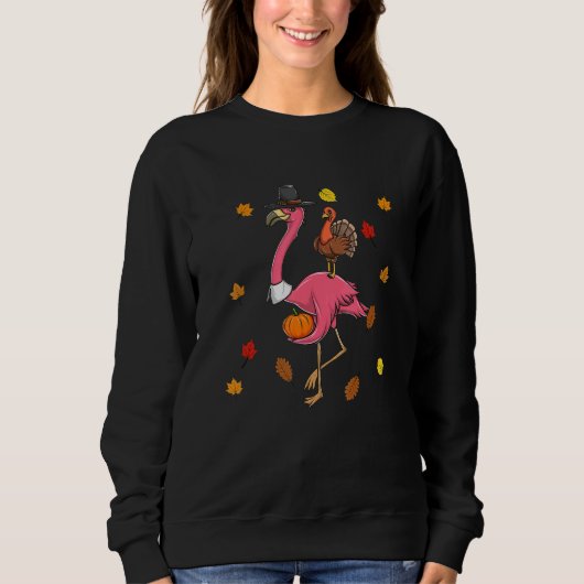 Thanksgiving Pilgrim Flamingo With Turkey Cute スウェットシャツ (正面)
