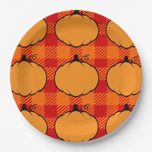 Thanksgiving Plaid Pumpkin Drawing ペーパープレート (正面)