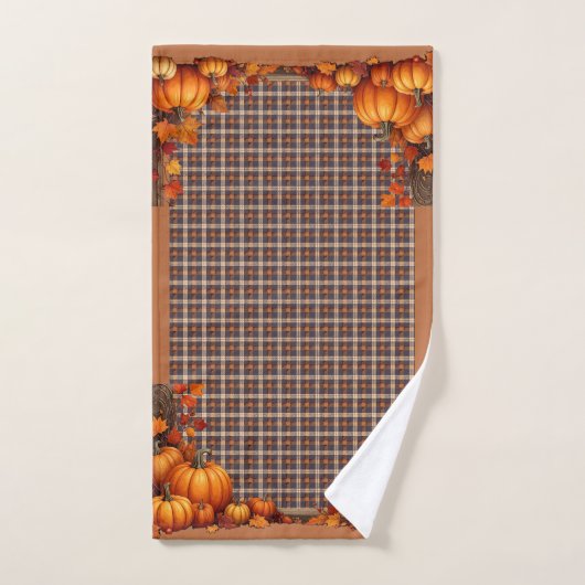 Thanksgiving Plaid with Pumpkin Border ハンドタオル (ハンドタオル)