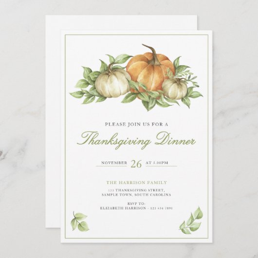 Thanksgiving Pumpkin Leaves Dinner 招待状 (正面/裏面)