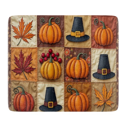 Thanksgiving Quilt Glass Cutting Board カッティングボード (正面)