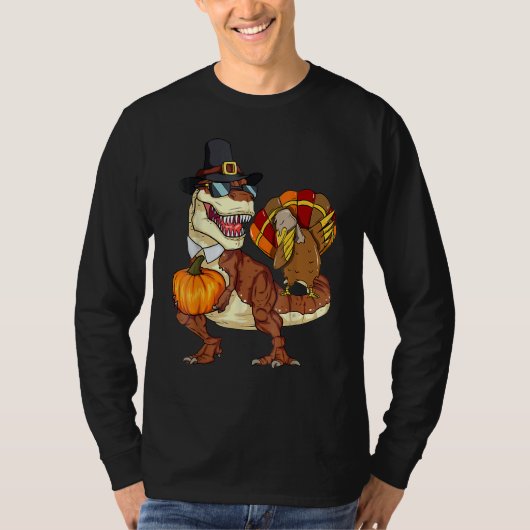 Thanksgiving Rex Dinosaur Dabbing Turkey Pumpkin Tシャツ (正面)