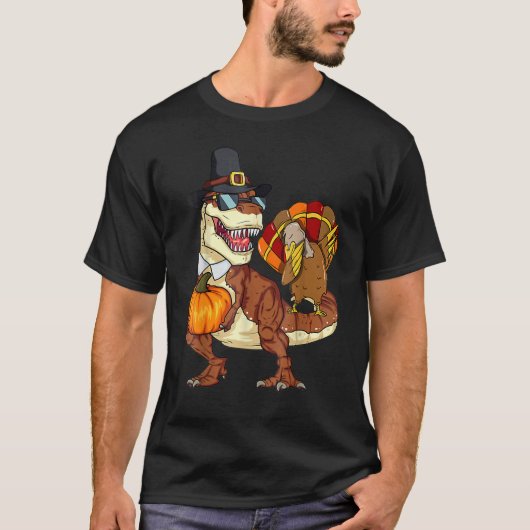 Thanksgiving Rex Dinosaur Dabbing Turkey Pumpkin Tシャツ (正面)