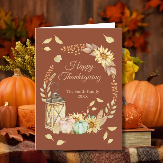 Thanksgiving Rustic Watercolor Folded Holiday Card シーズンカード