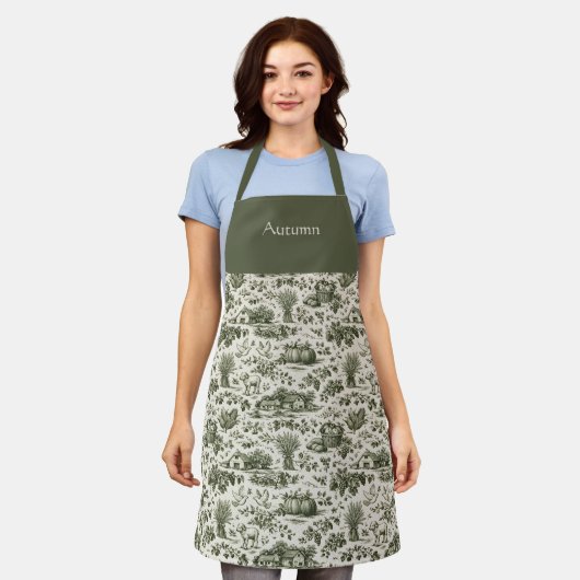 Thanksgiving Sage Green Harvest Toile Personalized エプロン (着用した状態)