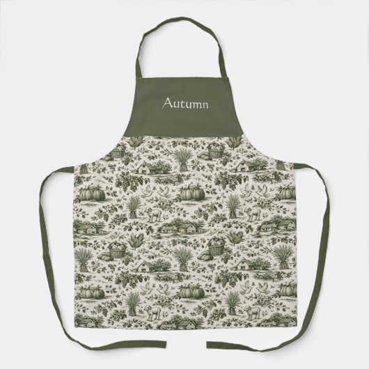 Thanksgiving Sage Green Harvest Toile Personalized エプロン (正面)