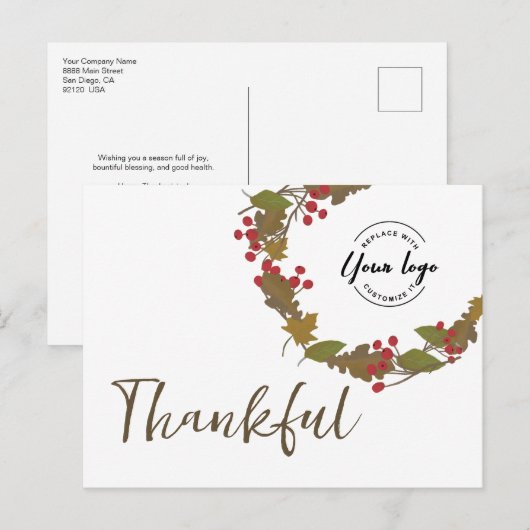 Thanksgiving Thankful Autumn Wreath Business logo ポストカード (正面/裏面)