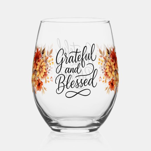 Thanksgiving Thankful Blessed fall florals ステムなしワイングラス (正面)